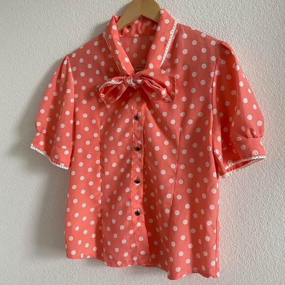 Coral Polka Dot Pussybow Blouse - Picture 5 of 7